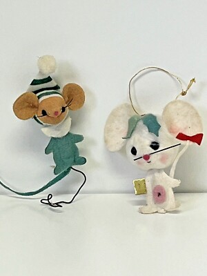 VTG 1960's Felt Mice Mouse Big Ear Christmas Ornaments White2.75 Green3 mid Cent