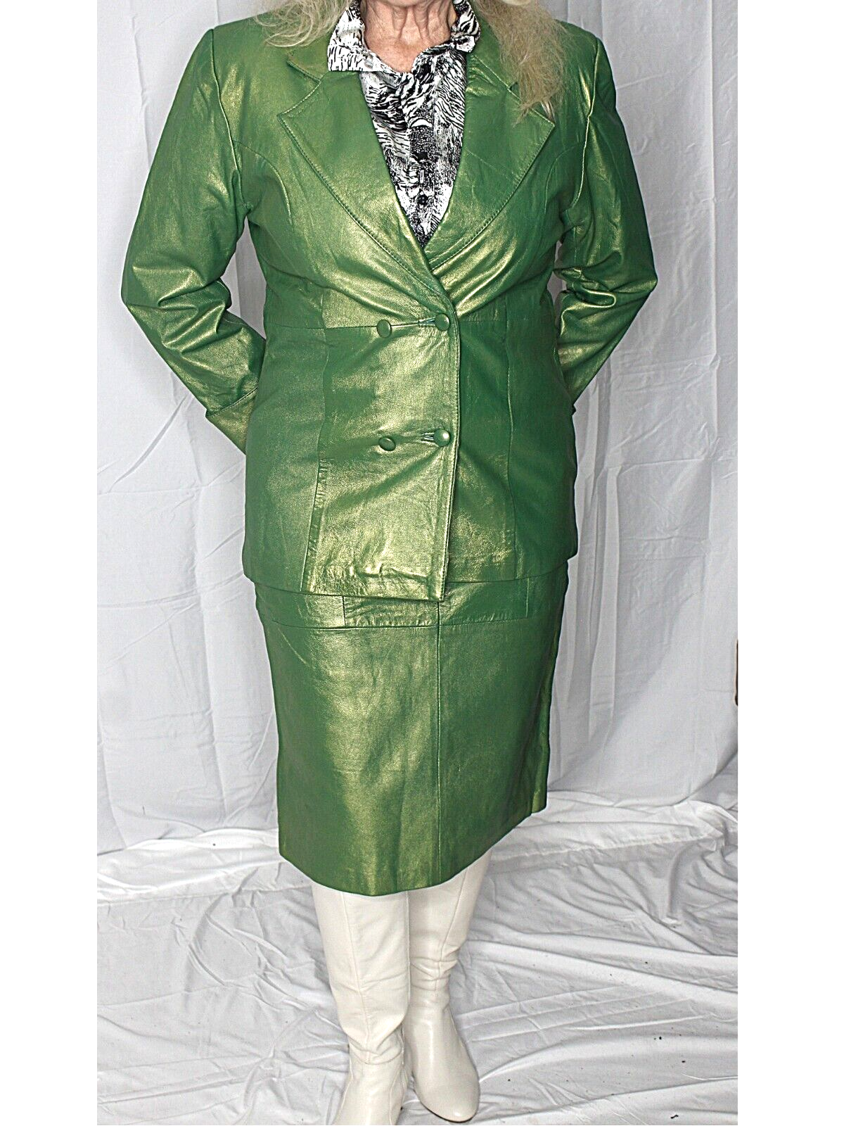 Womens Leather Skirt Suit Jacket L Lambskin Green Shiny Womens Leather Skirt Suit Jacket L Lambskin Green Shiny
