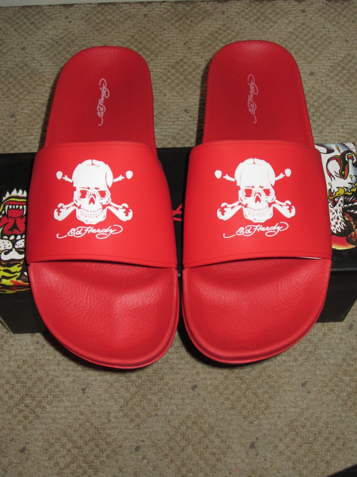 Ed Hardy 赤黒2点セット Ed Hardy Darkness Skull Slide Sandal RED / WHITE Men's Size