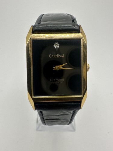 Cardinal Vintage Gold Tone Tank Watch Leather Band Black Dress Men