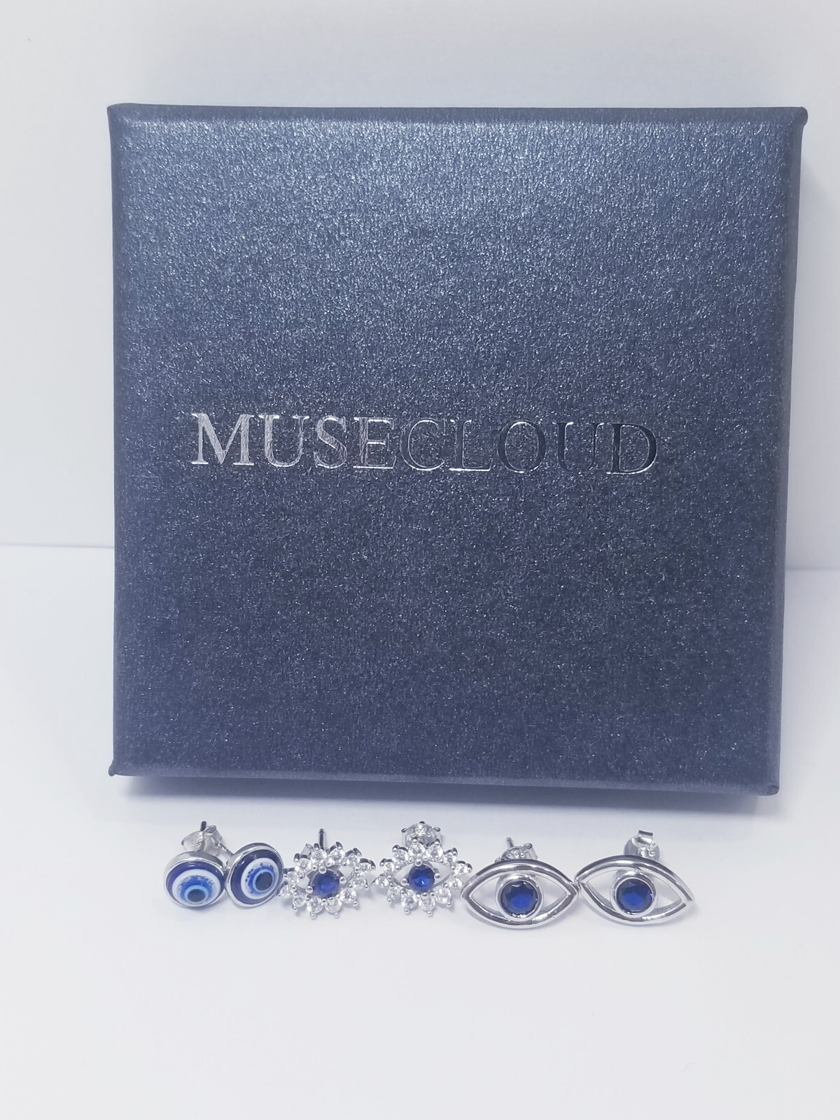 MUSECLOUD Evil Eye イヤリング レディース ホワイトゴールド メッキ 925 スターリング シルバー イービル アイ スタッド イヤリング ミニマリスト ブルー CZ