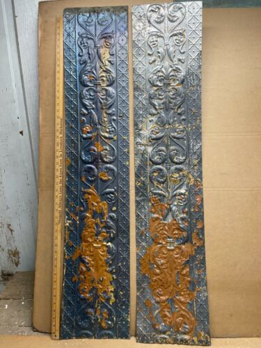 2 pc Lot 48" x 10" Antique Ceiling Tin Metal Reclaimed Salvage Art Craft