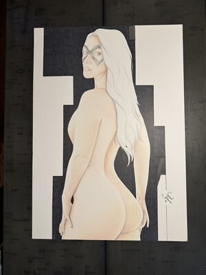 Original Comic Art Sexy Black Cat 16x11 Drawing Sketch Pinup Signed BIG