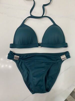 Venus Goddess Teal Bikini Top & Bottom Silver Metal Buckle A/ 2 Rare NEW