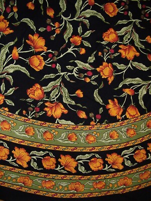 French Floral Round Cotton Tablecloth 88'' Amber on Black