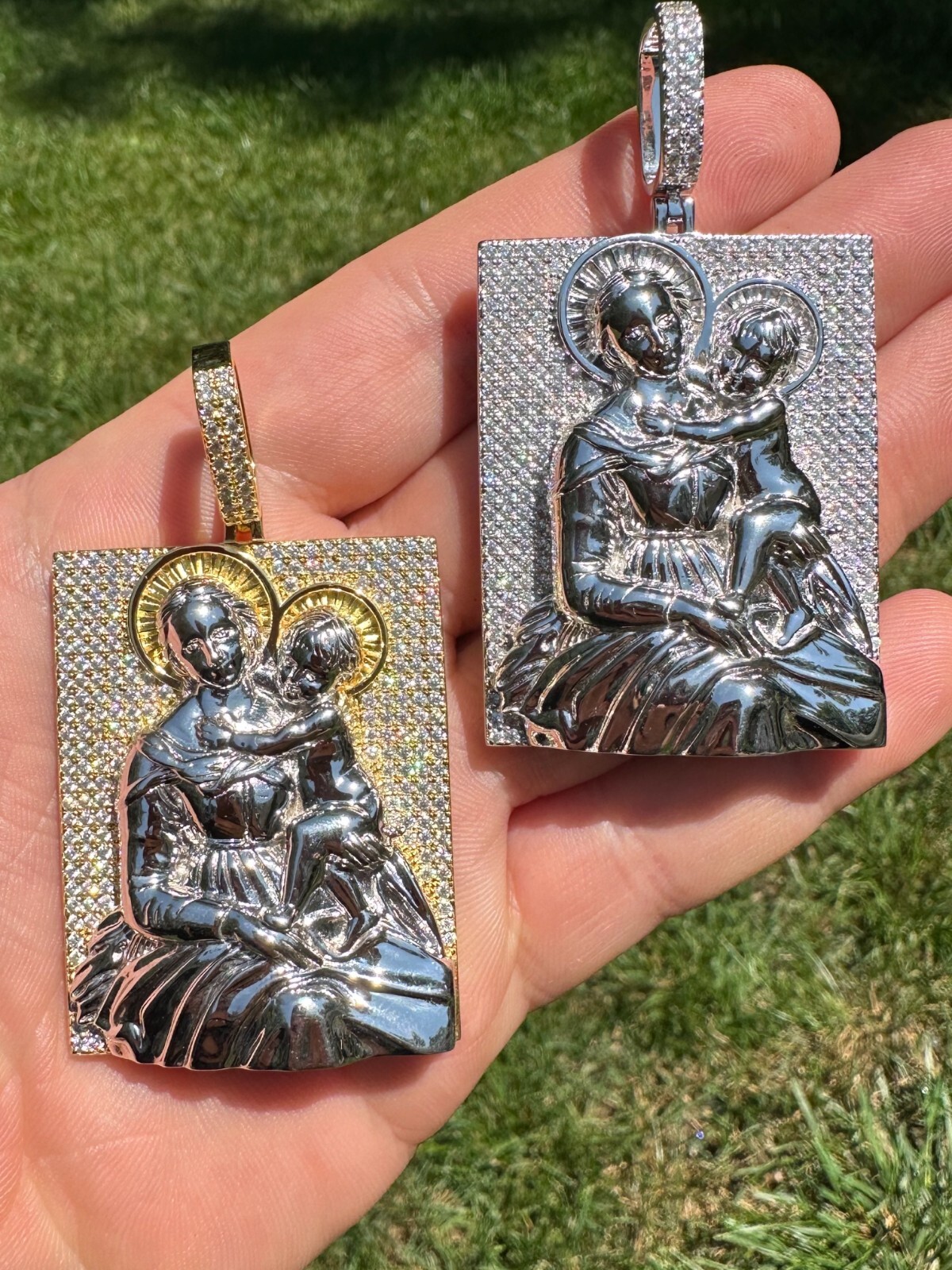 Pre-owned Harlembling Moissanite Virgin Mary Pendant Real 925 Silver Necklace Large 2.5" Ice Out Piece In White