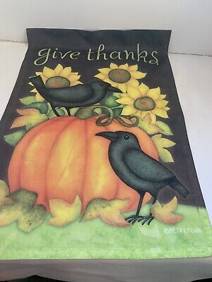 Give Thanks Primitive Garden Flag Thanksgiving Autumn 12.5" x 18" Pumpkin Crows