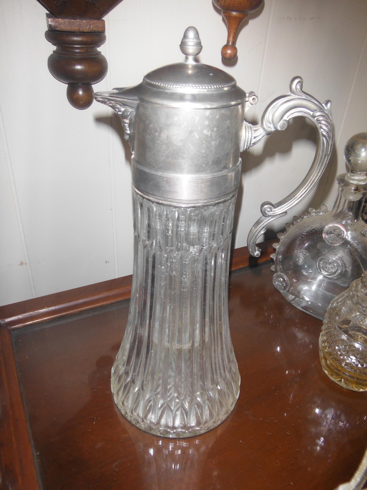 Vintage Silver Plated Pressed Glass Wine Claret Water  Carafe with Ice Insert