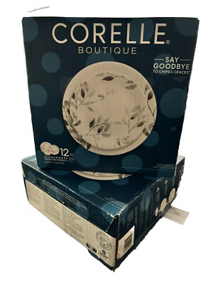 Corelle Boutique Misty Leaves 24pc  Dinnerware Set for 8 Gray Plates Bowls NEW