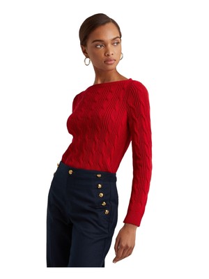 

Женский красный ребристый свитер с вырезом лодочкой RALPH LAUREN с длинным рукавом и вырезом лодочкой
