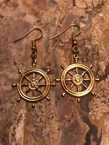 VINTAGE Ship Wheel Nautical Stamped Relief Hook Dangle EARRINGS 24KT.GOLD PL