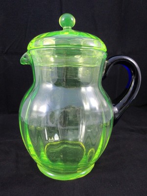 Rare Vintage Fenton Vasoline Topaz Stretch Water Set Cobalt Coasters Stirrers