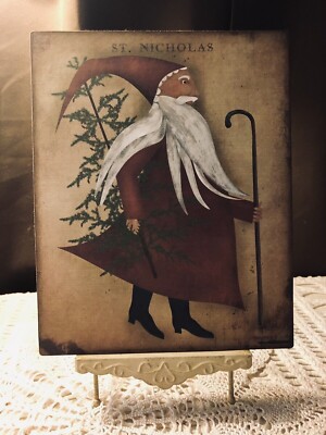 Handmade Primitive Folk Art St Nicholas Walking Santa Plaque / Sign #6