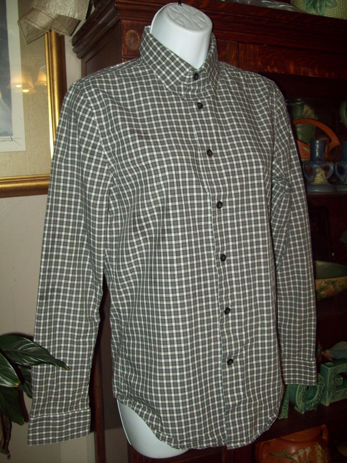 HTF XS mens 13 1/2 BLACK Plaid 100% COTTON SHIRT CIVIL WAR Pioneer Prairie