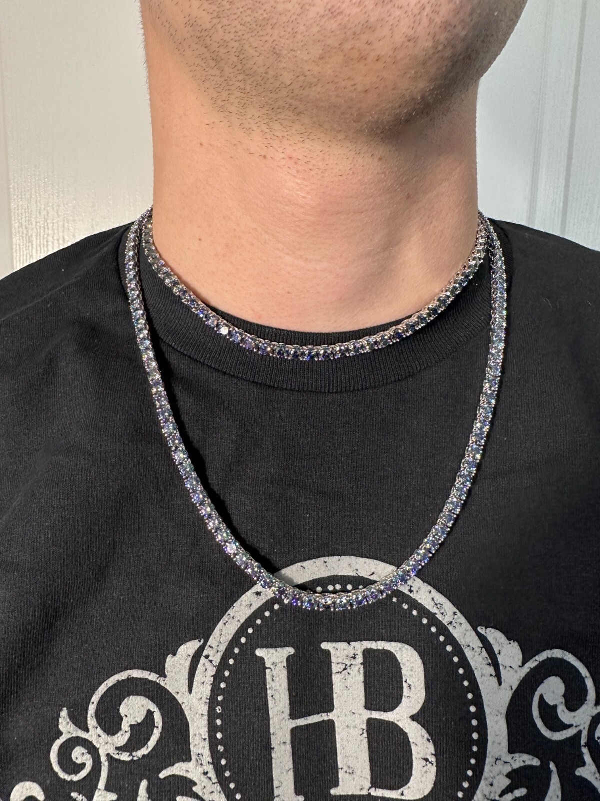 Pre-owned Silver Real Blue Moissanite 5mm Tennis Chain 925  Iced Necklace Pass Diamond Test