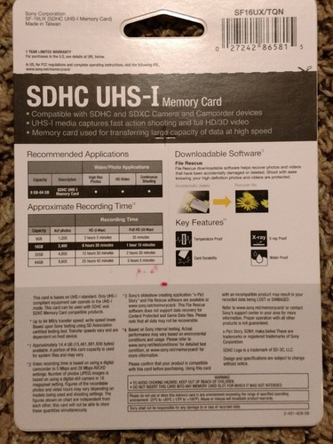 Sony 16 GB  SDHC Memory Card Class 10 SF-16UX/TQN Up to 94 MB/s