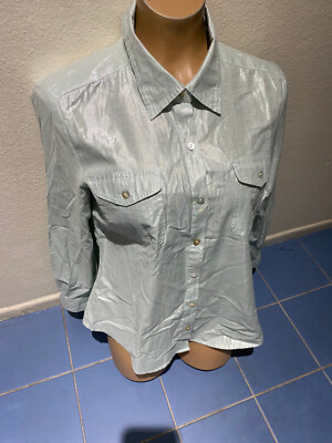 Ruby Rd Women's Sz 8 LIGHT GREEN Metallic Roll Tab Sleeve Pockets Button Shirt