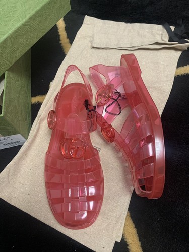 Pre-owned Gucci Pink Sandals Strap Buckle Shoe  Jelly Gg 100% Authentic Size 38