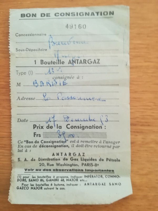 Bon De Consignation Antargaz 49160 La Possonniere 1923