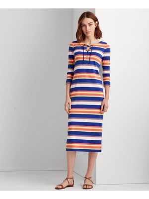 

RALPH LAUREN Женское платье прямого кроя в синюю полоску с рукавами 3/4 чайной длины Размер, Синий