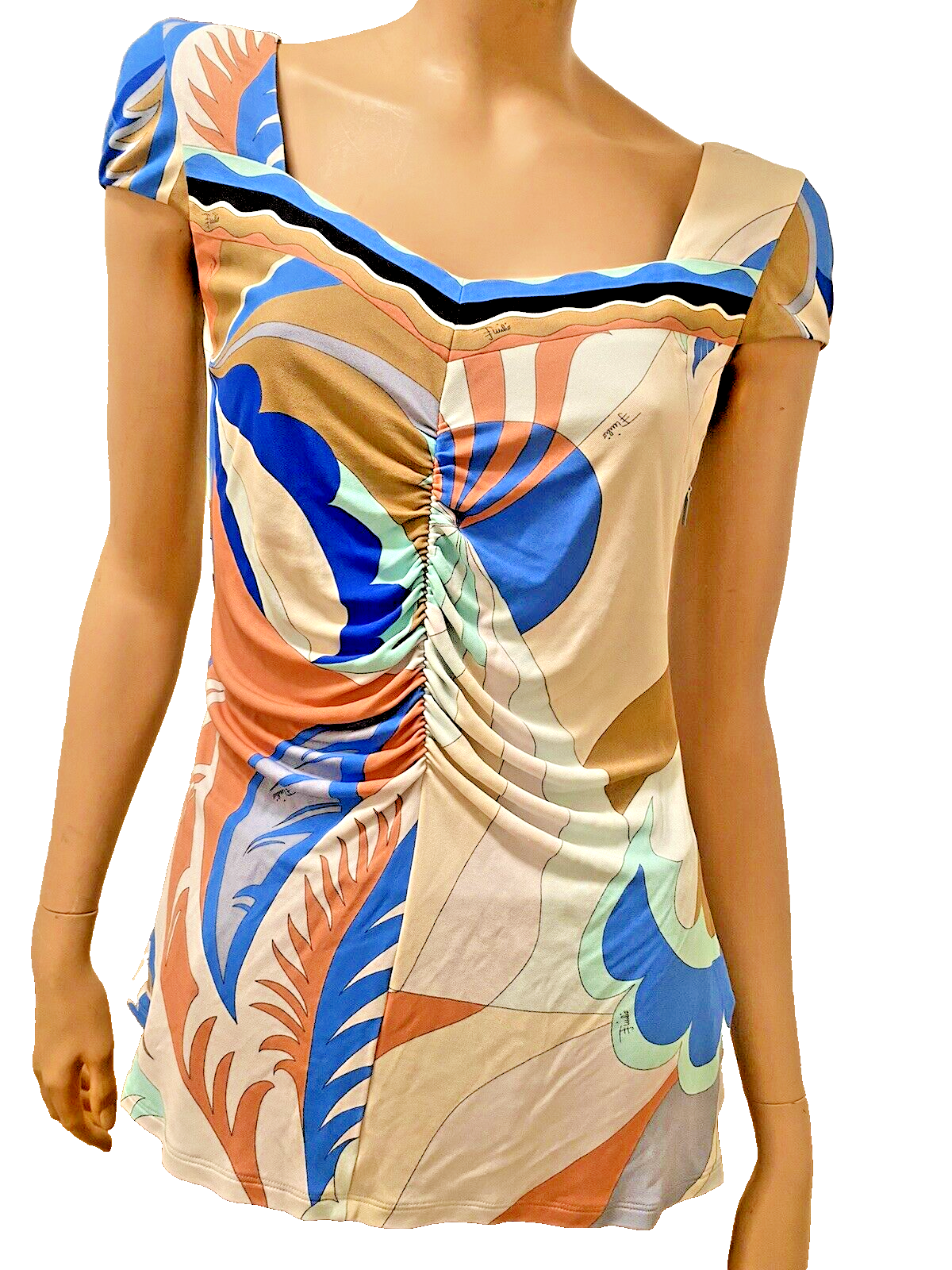 EMILIO PUCCI Acapulco Stretch Ruched Short Sleeved Top Sz 44