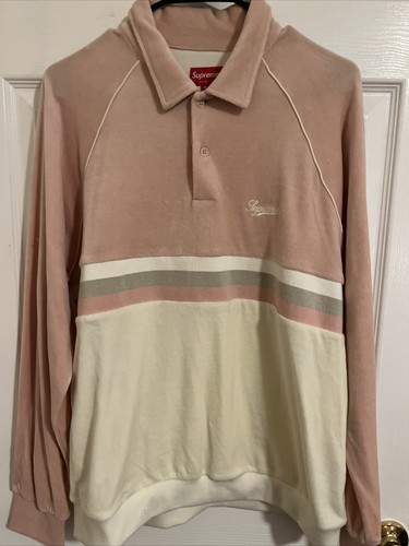 SUPREME VELOUR LONG SLEEVE STRIPE RAGLAN POLO PINK MEDIUM VINTAGE RARE