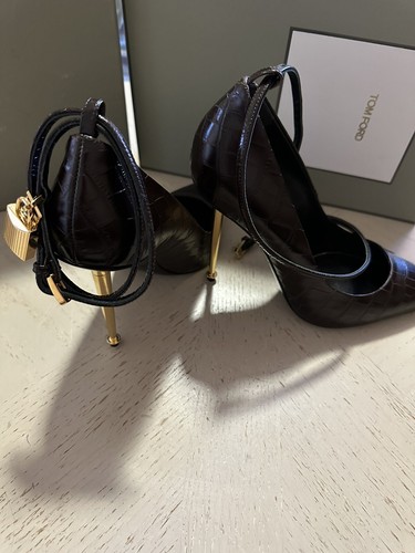 Pre-owned Tom Ford $1290  Lock 105mm Croco Ankle-strap Shoes Chocolate 9 Us/39 Eu In Brown