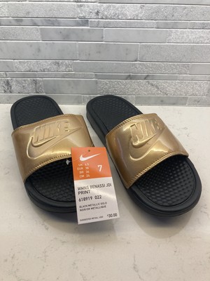 Rare Nike Benassi JDI Print Black Metallic Gold Womens Sandals Slides Size 7