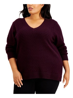 

CALVIN KLEIN Женский фиолетовый текстурированный свитер в рубчик с длинными рукавами и V-образным вырезом Plus