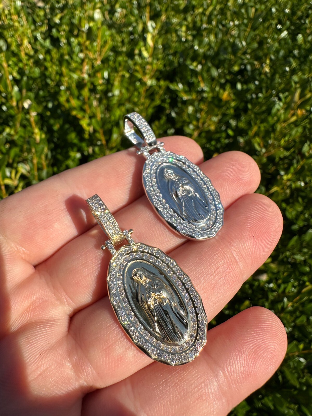 Pre-owned Harlembling 1.55ct Real Diamond Virgin Mary Pendant 925 Silver Necklace Medallion Pendant In White