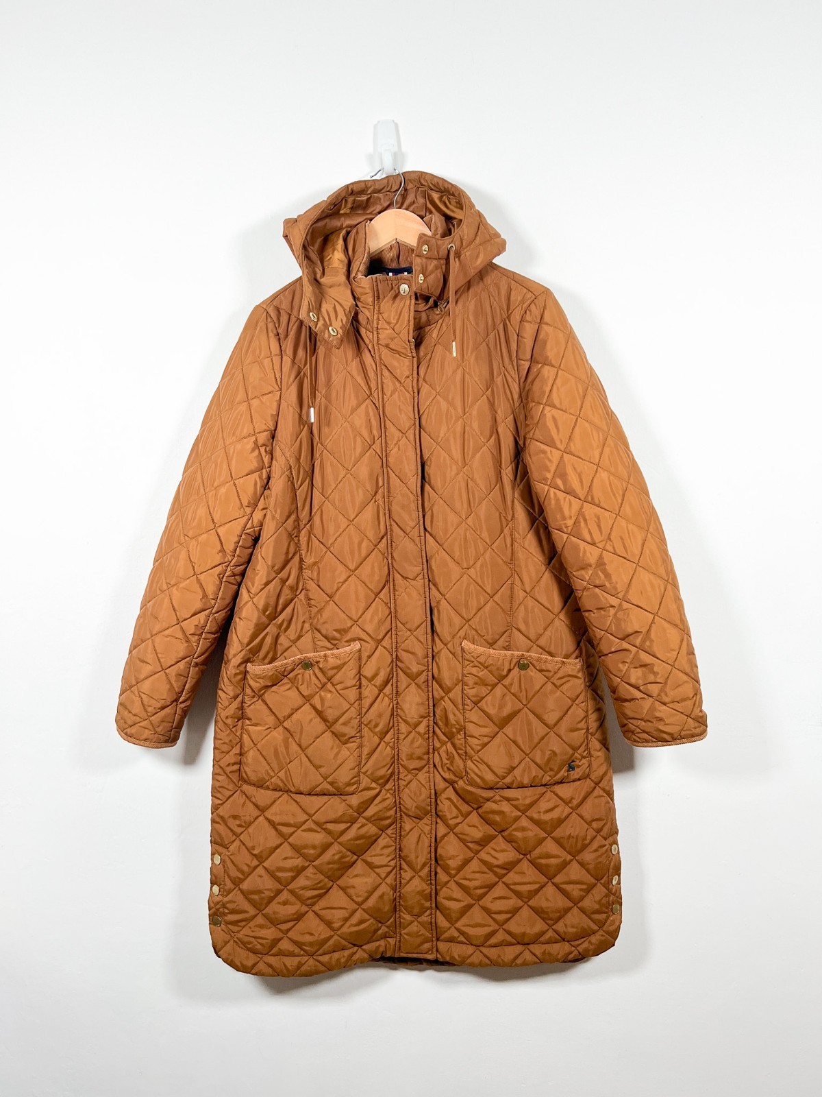 Joules Chatham Coat Size 14 Yellow Brown Quilted Jacket Longline Removable Hood