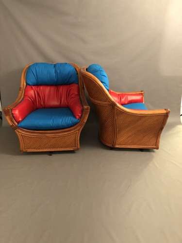 Mid-Century Pair Rattan Bamboo Swivel  Arm Chairs