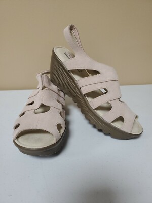 Skechers Memory Foam Pink Suede Peep Toe Sling Back Wedge Heel Sandal Size 7.5