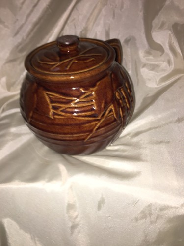Vintage McCoy Signed Brown Glazed Pottery Single Handle Bean Pot Pea Pod Deco