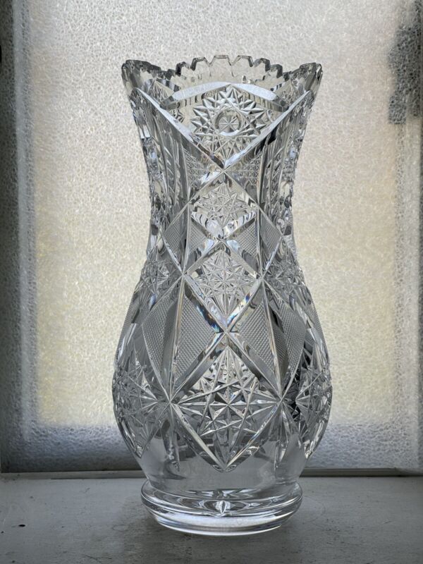 Large American Brilliant Period Style Cut Glass Hobstar Vase - Euro Continental