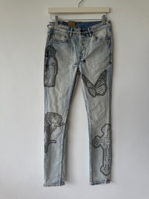 new Ksubi mens denim jean chitch 28 slim blue kut out nimbus cross print