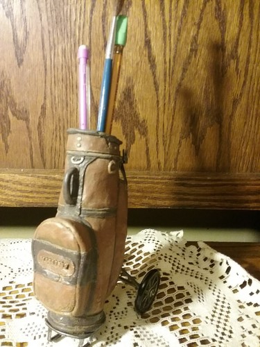 Vintage Keypoint GOLF CART  Brown Leather Look, Moveable Wheels, Pencil Holder