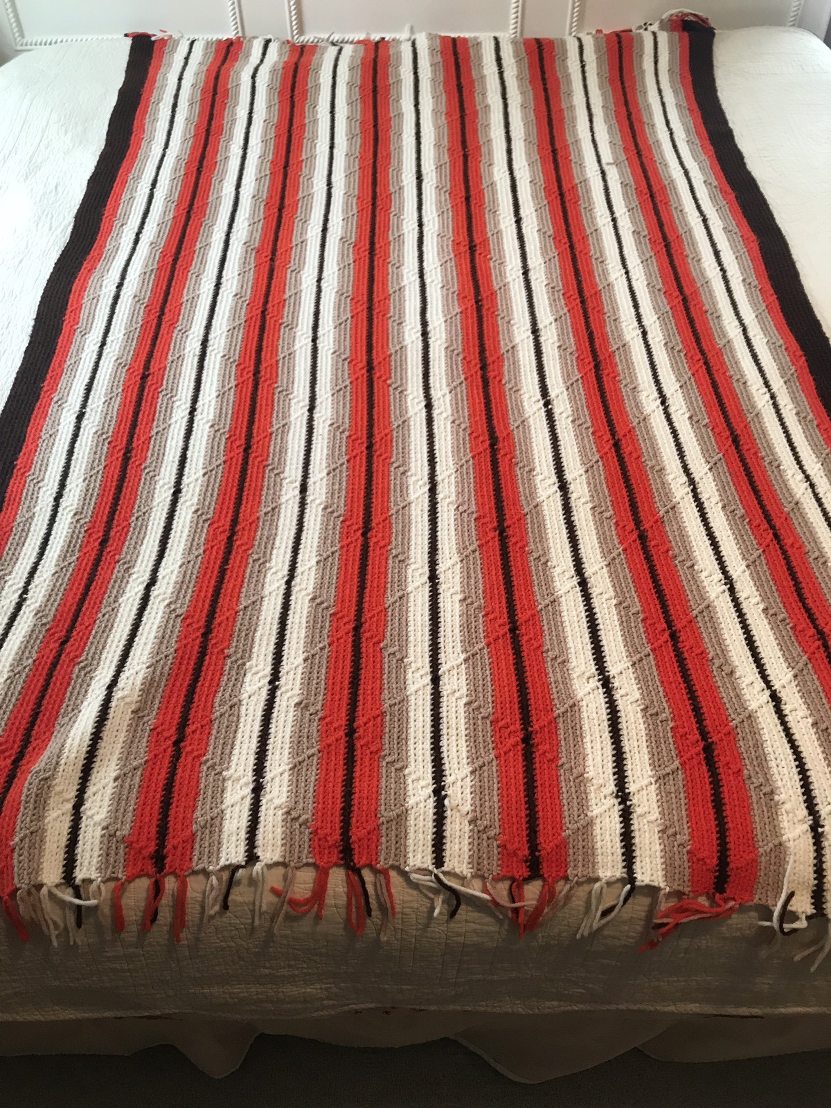 Vintage Hand Crocheted Granny Afghan Blanket Throw Brown Orange White