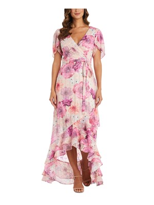 NIGHTWAY Womens Ruffled Flutter Sleeve Surplice Neckline Maxi Party Faux Wrap