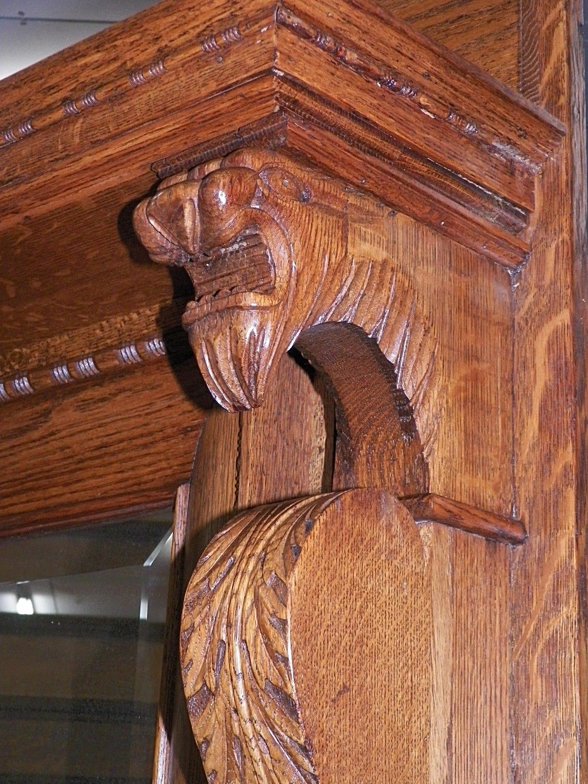 1900's Antique Quarter Sawn Oak Fireplace Mantel  massive claw feet lion's faces