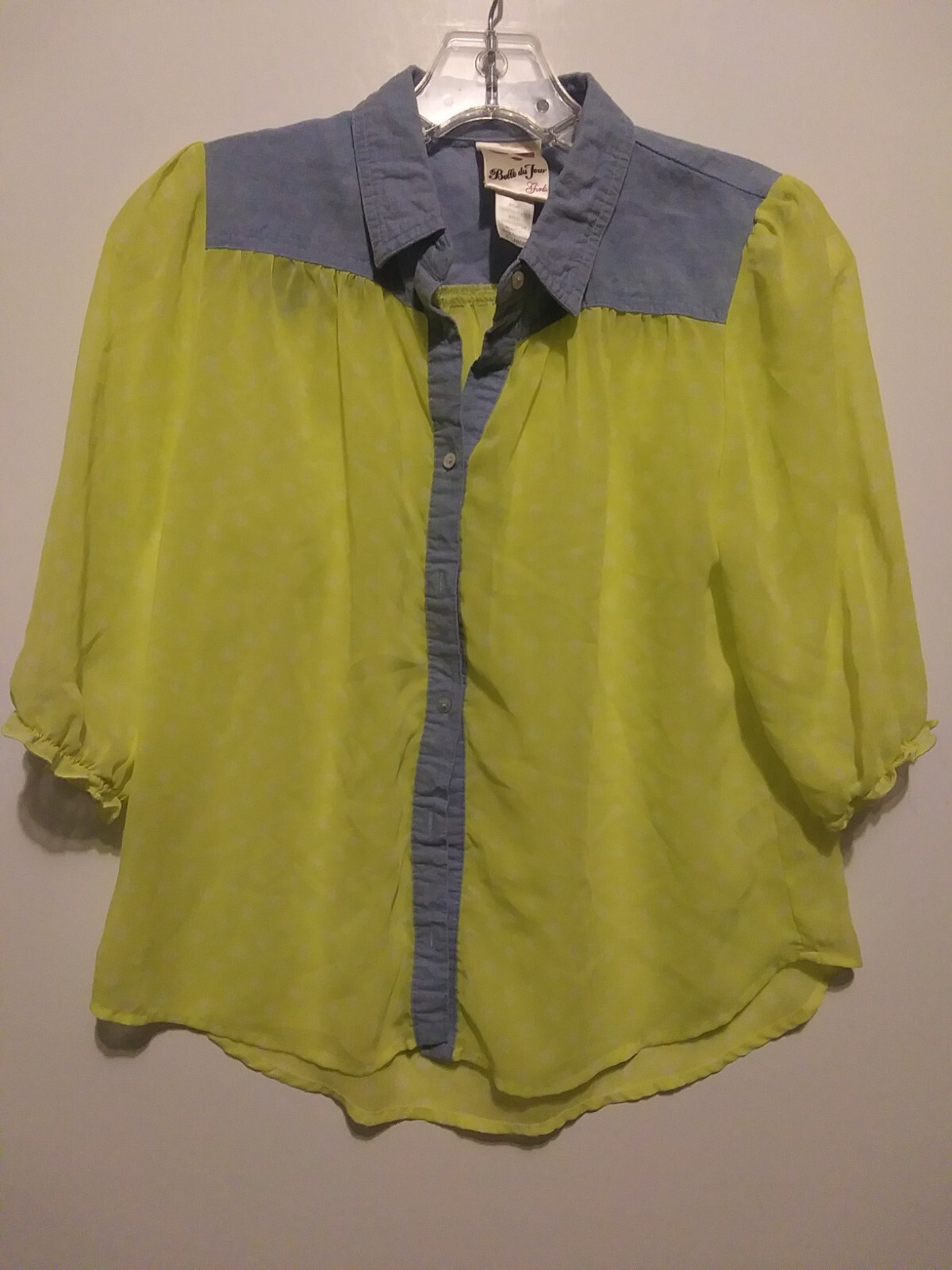 Belle du Jour Girls Blouse, XL, Sheer Body, Denim Trim Belle du Jour Girls Blouse, XL, Sheer Body, Denim Trim
