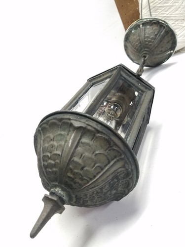 Antique Vtg Gothic Porch Light Formed Copper Hanging Fixture Beveled Glass RARE