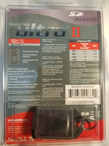 Sandisk Ultra II 2.0 GB SD Card NEW - Converts to USB for easy copying