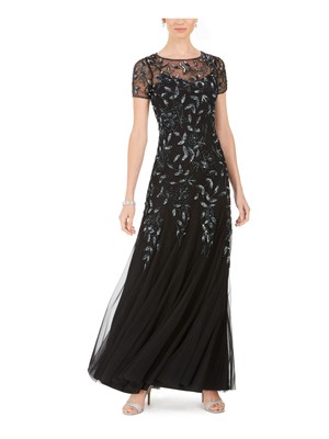 ADRIANNA PAPELL Womens Black Lined Godet Panels Short Sleeve Gown Dress 4
