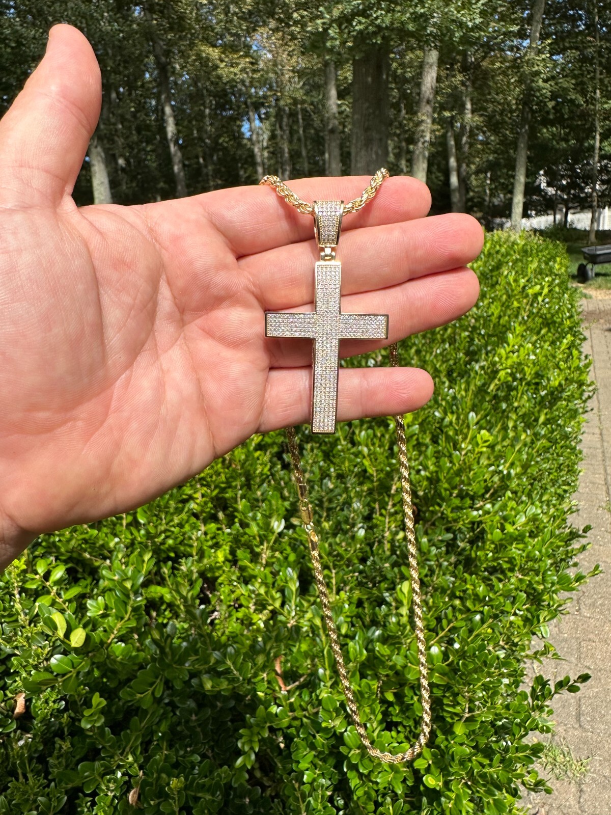 Pre-owned Hip Hop Solid 10k Yellow Gold 3ct Vvs Moissanite Cross Pendant Necklace 19g Mens Large In White