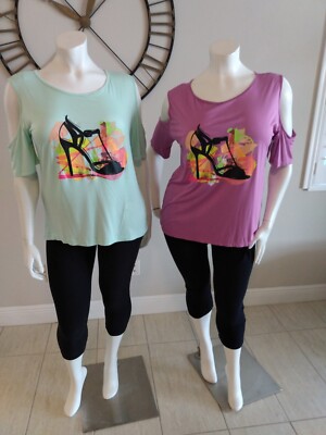 Love Nation Women's  2 Pc Cold Shoulder Green, Purple Printed  T-Shirt Size 2XL
