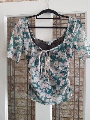 Oasis Size XS Uk 6 Floral Mesh Keyhole Top Ruched Sides Lined Green Multi Modern