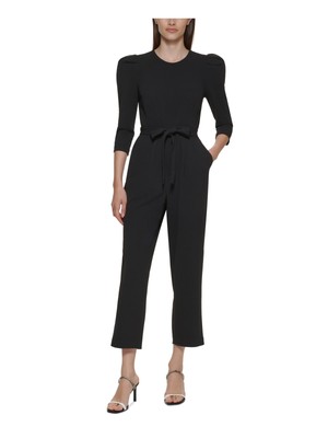 CALVIN KLEIN Womens Black Tie-belt Pouf Sleeve Wear To Work Cropped Jumpsuit 2