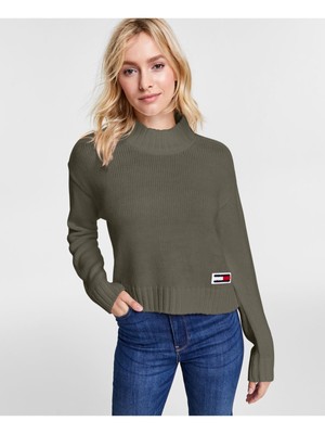 

TOMMY JEANS Женский зеленый свободный крой свитер с логотипом и флагом с длинными рукавами и воротником-стойкой