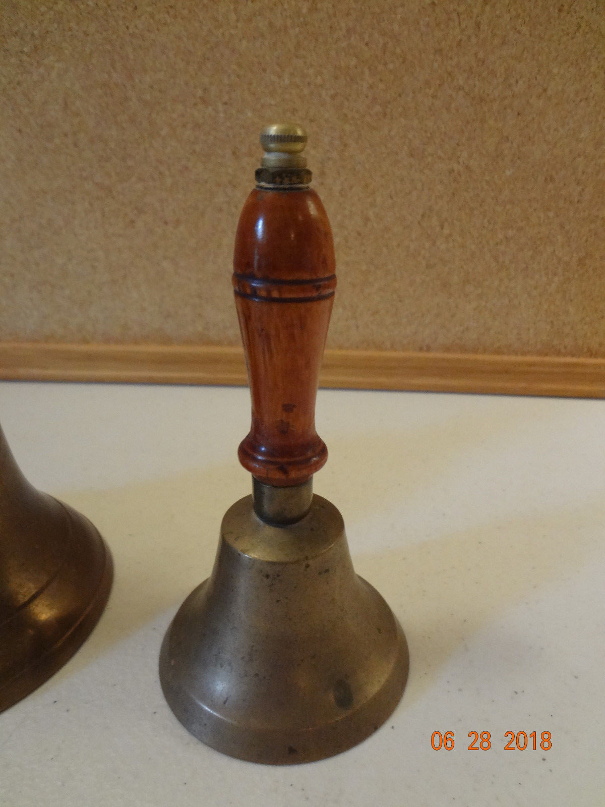 Lot of 2 Vintage Brass Wood Handle School Bells